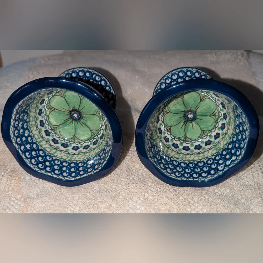 Artistic Ceramics Blue and Green Polish Footed dessert Bowls In Green Poppies .